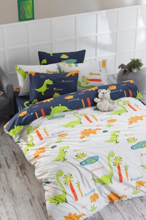 Bettbezug-Set aus 100 % natürlicher Baumwolle, für Doppelbett, Dinos, Weiß, Ep-022923 - 2