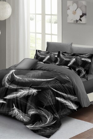 Bettbezug-Set für Doppelbett, eng gewebter Baumwollsatin, 3D-Spezialdesign, dunkle Federn (ohne Laken) PERLASERA26530 - 7