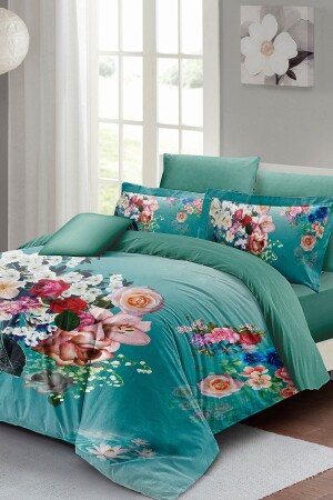 Bettbezug-Set für Doppelbett mit Blumenmuster, Türkis, 3D-Baumwollsatin, monohome2020 - 4