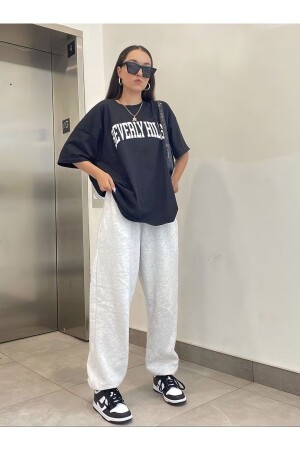 Beverly Hills Siyah T-shirt Gri Eşofman Altı- Jogger Tişört Alt Üst Takım Oversize Bisiklet Yaka - 1