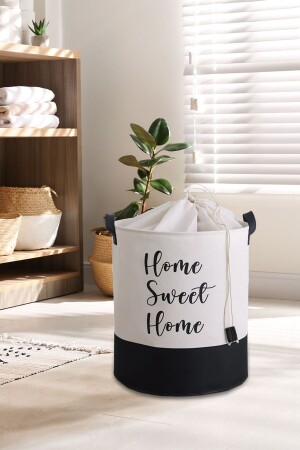 Beyaz Kumaş Home Sweet Home Baskılı Çok Amaçlı- Dekoratif- Oyuncak Sepet - 4