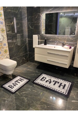 Black Bath Yazılı Desenli 2'li Kaymaz Taban Su Geçirmez Banyo Paspas Takımı (60x100 - 60x50) Gri ORVIL - 2