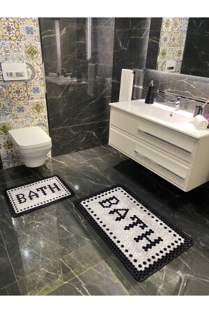 Black Bath Yazılı Desenli 2'li Kaymaz Taban Su Geçirmez Banyo Paspas Takımı (60x100 - 60x50) Gri ORVIL - 7