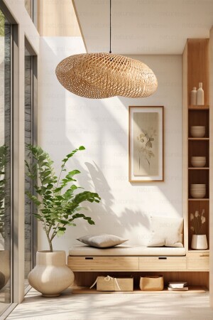 Bohem Bambu Elips Sarkıt Avize Lamba 60cm - Iskandinav- Modern- Bohem- Rattan Aydınlatma - 5