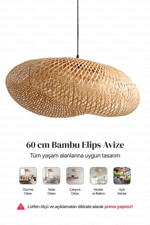 Bohem Bambu Elips Sarkıt Avize Lamba 60cm - Iskandinav- Modern- Bohem- Rattan Aydınlatma - 8