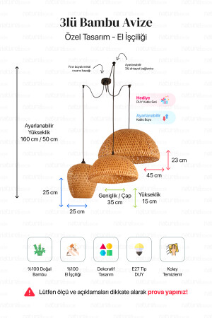 Böhmische Bambus-Boja-Anhänger-Set mit 3 Hänge-Kronleuchtern – skandinavische, moderne, böhmische Rattan-Beleuchtung NHBJP3S - 7