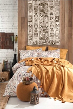 Boho-Chic-Doppelbettbezug-Set mit Decke mit Quasten – Senfgelb. Boho-Chic-Decke mit Quasten, Senfgelb - 3