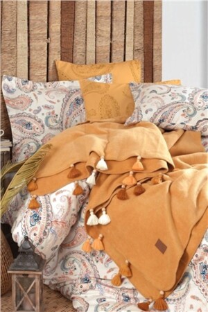 Boho-Chic-Doppelbettbezug-Set mit Decke mit Quasten – Senfgelb. Boho-Chic-Decke mit Quasten, Senfgelb - 7