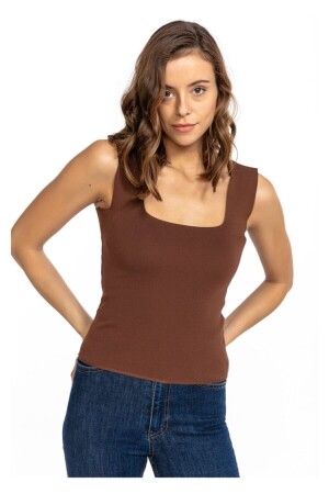 Braune Damen-Strickbluse mit quadratischem Kragen für Sportler - 1