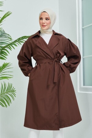 Brauner Trenchcoat mit Ballonärmeln und Gürtel 7006 - 2