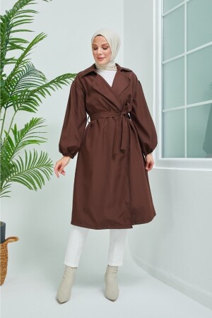 Brauner Trenchcoat mit Ballonärmeln und Gürtel 7006 - 8