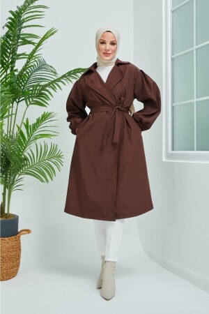 Brauner Trenchcoat mit Ballonärmeln und Gürtel 7006 - 9