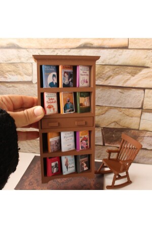 Braunes Miniatur-Bücherregal, kleines Bücher-Dekorationsobjekt mit Schubladen, 3 Tonnen - 2