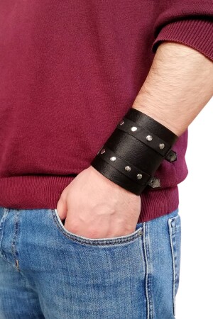 Breites Biker-Armband aus echtem natürlichem Kalbsleder in Schwarz, CDM-000167 - 3