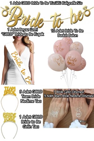 Bride To Be Party-Set (1 Gürtel – 10 Luftballons – 10 Tattoos – 10 Kronen) Team Bride Bachelorette Concept Gold - 3