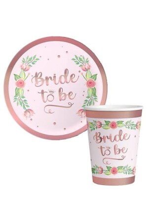 Bride To Be Rosegold Çiçekli Karton Tabak - Bardak Seti 8’li - 2