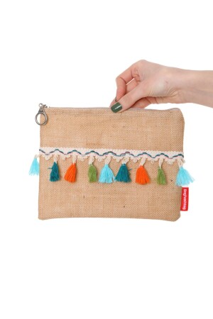 Bunte Jute-Clutch-Tasche mit Pompons und Quasten, Jute-Serie - 2