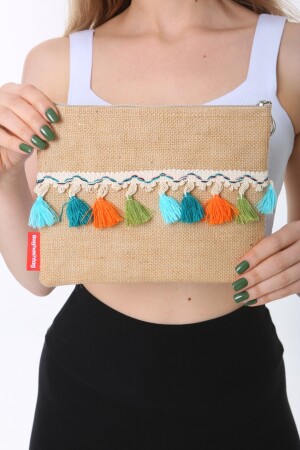 Bunte Jute-Clutch-Tasche mit Pompons und Quasten, Jute-Serie - 5