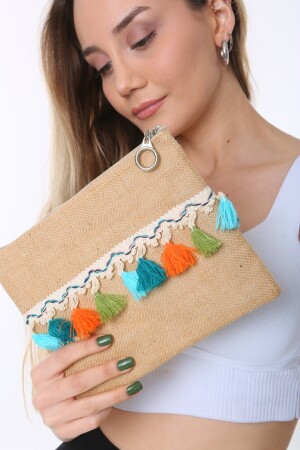 Bunte Jute-Clutch-Tasche mit Pompons und Quasten, Jute-Serie - 7