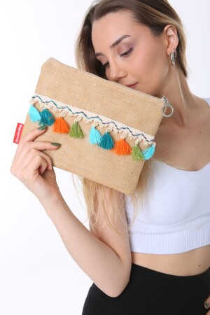 Bunte Jute-Clutch-Tasche mit Pompons und Quasten, Jute-Serie - 8