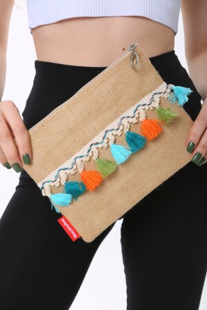 Bunte Jute-Clutch-Tasche mit Pompons und Quasten, Jute-Serie - 9