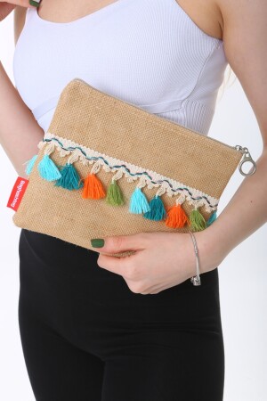 Bunte Jute-Clutch-Tasche mit Pompons und Quasten, Jute-Serie - 10