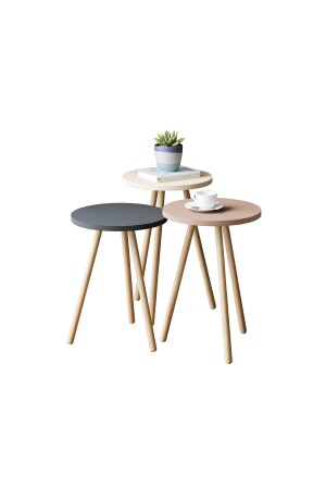 Bunter dreifach ineinander setzbarer Couchtisch mit Holzbeinen, rund, Pastell-Design, Grau-Creme-Cappuccino, BAHARYURVALAK - 5