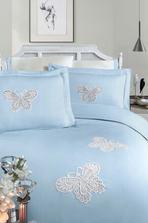 Butterfly V.1 %100 Pamuk Saten Nevresim Takımı Lastikli Çarşaf King Size (XL) Gök Mavi Beyaz FL009 - 5