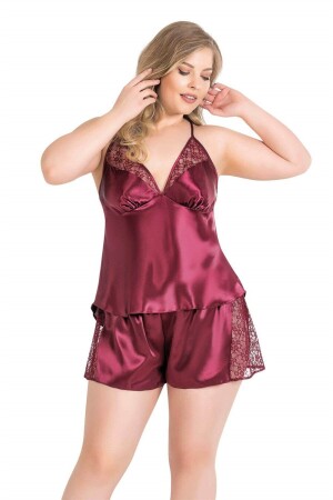 Büyük Beden Bordo Saten Babydoll Şort Takımı 1059 - 1