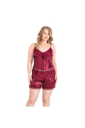 Büyük Beden Bordo Saten Babydoll Şort Takımı - 1