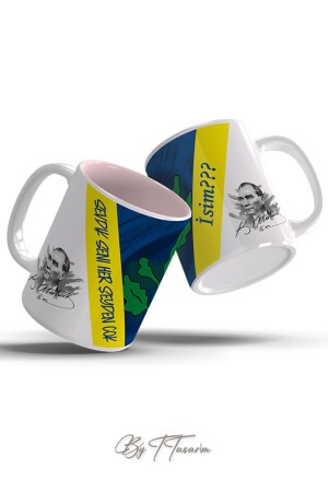 BY T DESIGN Gelber, marineblauer, von Atatürk entworfener, personalisierter Becher mit darauf geschriebenem Namen FENERBAHÇE-1007 - 2