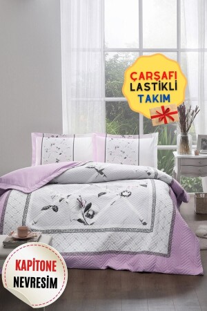 Camelia Doppel-Steppbettbezug-Set mit elastischen Laken, Grau, özdilekçk8490 - 4