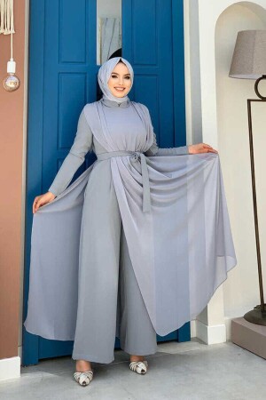 Chiffon-Overall mit Cape und detailliertem Taillengürtel, 3330 Grau - 1