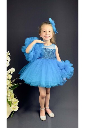 Chiffon Robe Pompom Ärmel Pailletten Mädchen Krinoline Rock Tutu Abendkleid Blau - 1