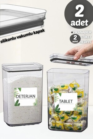 Çok Amaçlı Dekoratif Dikdörtgen 3,1lt Vakum Kapaklı 2'li Set Tablet-deterjan Kabı Deterjan Kutusu ÖZ-BD-001 - 7