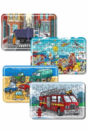 Çöp Kamyonu, Itfaiye Arabası Ve Taşıtlar 54 Parça 4'lü Ahşap Puzzle Set Puz1708 - 2