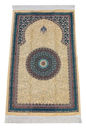 Cremefarbener, gestrickter, mit Mihrab gefütterter Chenille-Gebetsteppich mit Fransen und traditionellem Motiv - 2