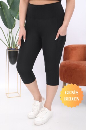 Curve Damen-Capri-Strumpfhose, große Größe, schwarz, hohe Taille, doppelte Tasche unterhalb des Knies - 1