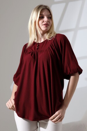 Damen-Ballon-Bluse mit drei Viertelärmeln, gerafftem Knopf, ovalem Rock und Jacquard-Strickbluse - 1