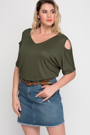 Damen-Bluse aus Viskose mit tiefem Ausschnitt in Khaki-Schulter in Übergröße 65n22698 - 1