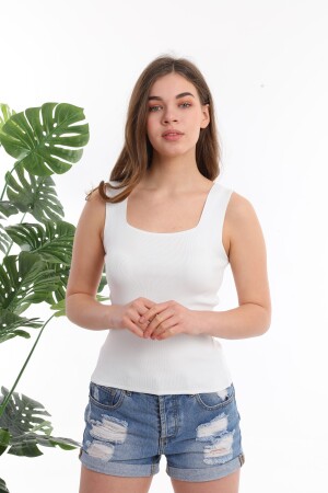 Damen-Bluse, weiß, ärmellos, dicke Träger, sportlich, dünn, für den Sommer, Strickwaren mit quadratischem Kragen - 2