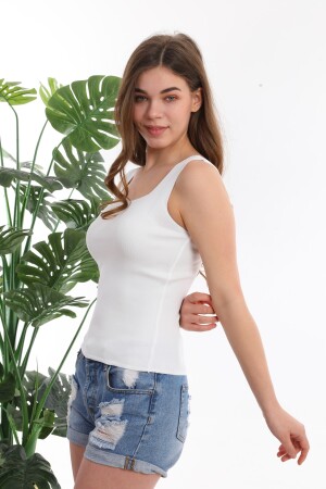 Damen-Bluse, weiß, ärmellos, dicke Träger, sportlich, dünn, für den Sommer, Strickwaren mit quadratischem Kragen - 5