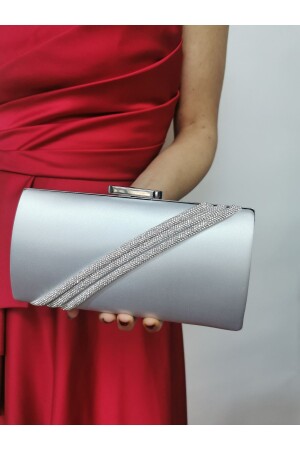 Damen-Clutch aus gesteintem Satin und Silber, für Abendkleid, Portfolio, Kettenriemen, Hand, Hochzeit, Verlobung, Nacht, Schultertasche - 4