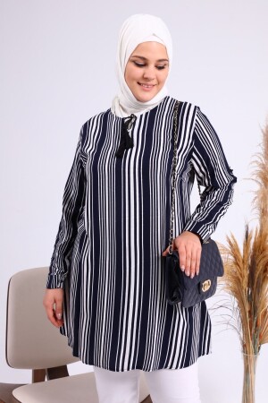 Damen-Hijab-Tunika mit Schnürung, groß, gestreift, Schwarz - 1