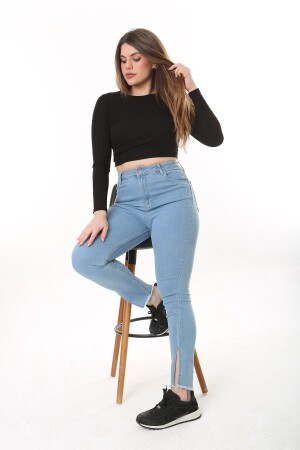 Damen-Jeans in Blau mit hoher Taille und Schlitz, schmalem Bein und Lycra, große Größe, 65N37606 - 1