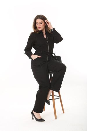 Damen-Jumpsuit in großer Größe, Schwarz, vorne mit Reißverschluss, hinten, Taille, Gummizug und Gürtel, detaillierte Taschen, Overall 65N37469 - 1