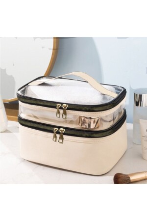 Damen-Make-up-Tasche aus beigem Leder, transparent, praktisch, stilvoll, Reise-Make-up-Tasche mit zwei Fächern und Reißverschluss - 2