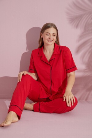 Damen-Pyjama-Set in Rot mit kurzen Ärmeln und Knöpfen aus Baumwolle in Übergröße - 1