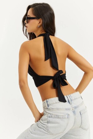 Damen Sommer-Halsband mit variablem Kragen, bauchfreies, schwarzes Blusen-Bustier-Crop-Top - 1