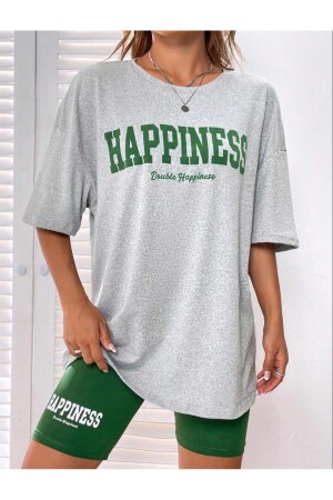 Damen-T-Shirt mit Oversize-Hapiness-Print in Grau - 3